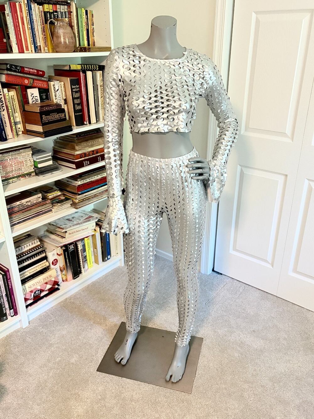 Silver 2 Piece Set Hot & Delicious S Crop Top Pants Rave Cosplay Halloween